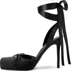 Romantic Black Satin Ribbon Ballerina Ankle Strap Heels